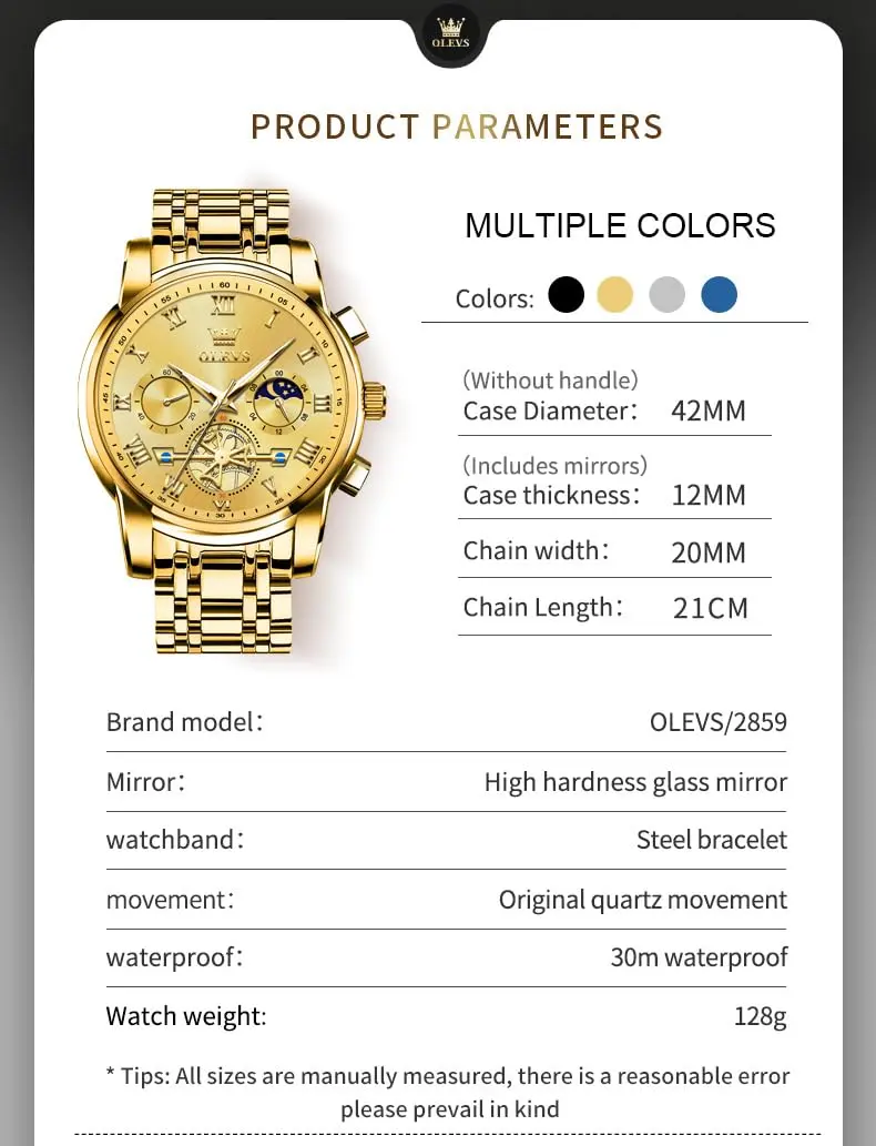 OLEVS Men Gold Watch Large Face Quartz Chronograph Waterproof 42mm | Luxury Stainless Steel - view 7