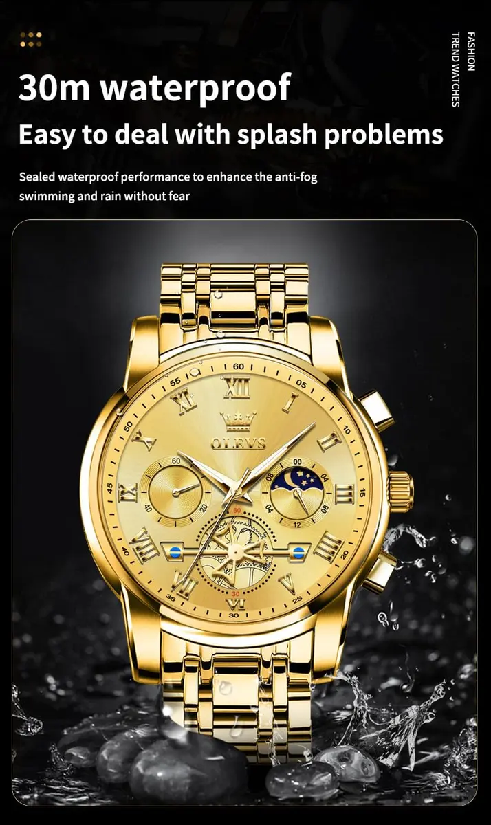 OLEVS Men Gold Watch Large Face Quartz Chronograph Waterproof 42mm | Luxury Stainless Steel - view 8