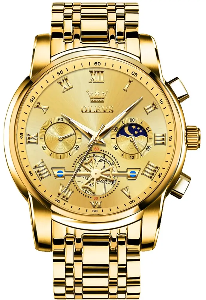 OLEVS Men Gold Watch Large Face Quartz Chronograph Waterproof 42mm | Luxury Stainless Steel - main product image