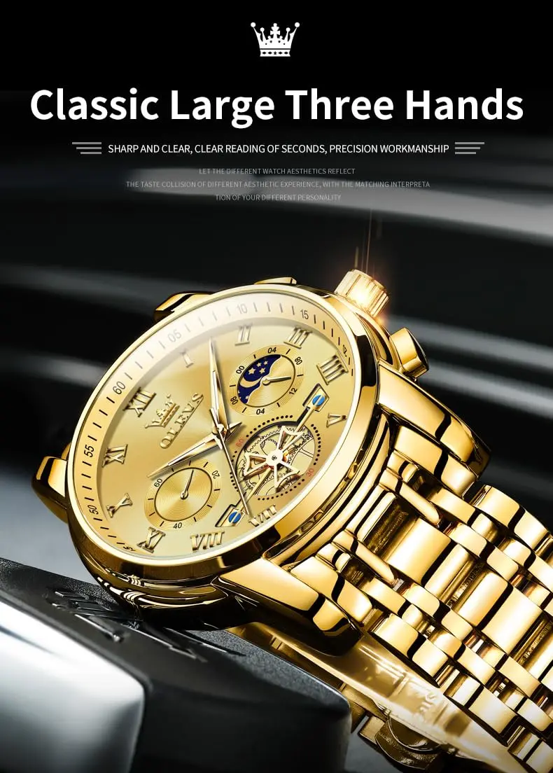 OLEVS Men Gold Watch Large Face Quartz Chronograph Waterproof 42mm | Luxury Stainless Steel - view 10