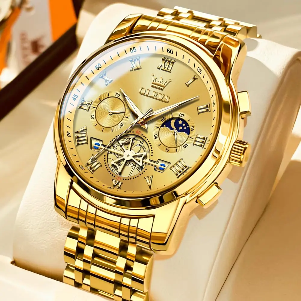 OLEVS Men Gold Watch Large Face Quartz Chronograph Waterproof 42mm | Luxury Stainless Steel - view 2