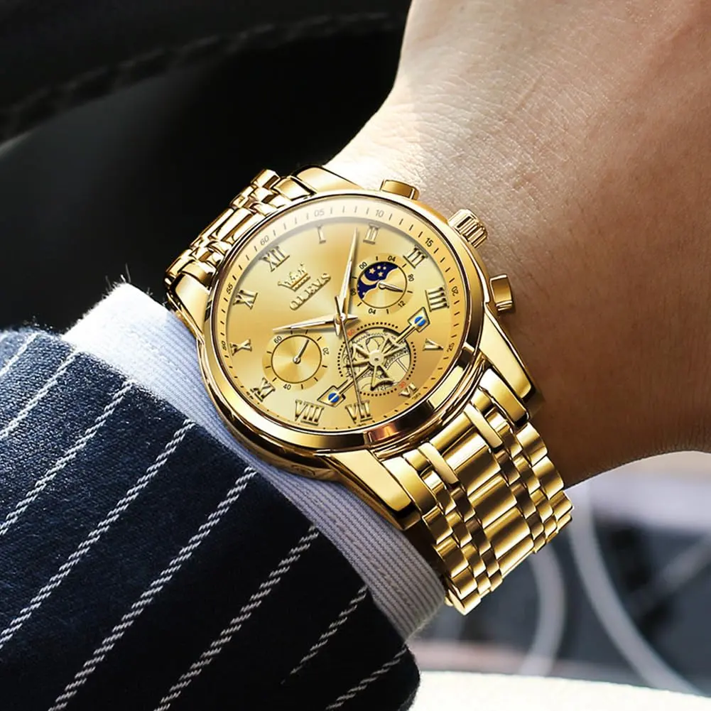 OLEVS Men Gold Watch Large Face Quartz Chronograph Waterproof 42mm | Luxury Stainless Steel - view 3