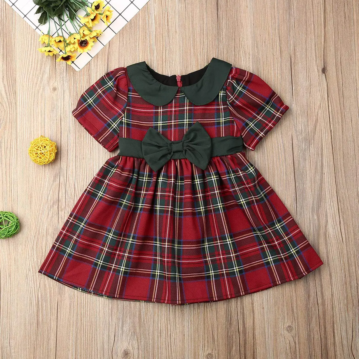 Kuriozud Toddler Baby Girl Plaid Dress Short Sleeve Bowknot 2-3T | Breathable Cotton Blend for Indian Summer - view 4