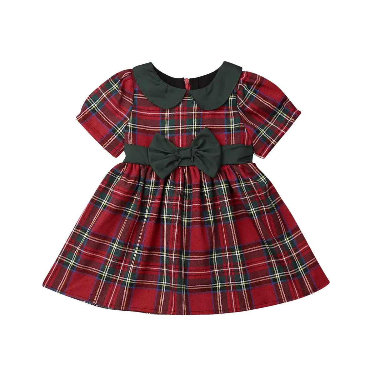 Kuriozud Toddler Baby Girl Plaid Dress Short Sleeve Bowknot 2-3T | Breathable Cotton Blend for Indian Summer - main product image