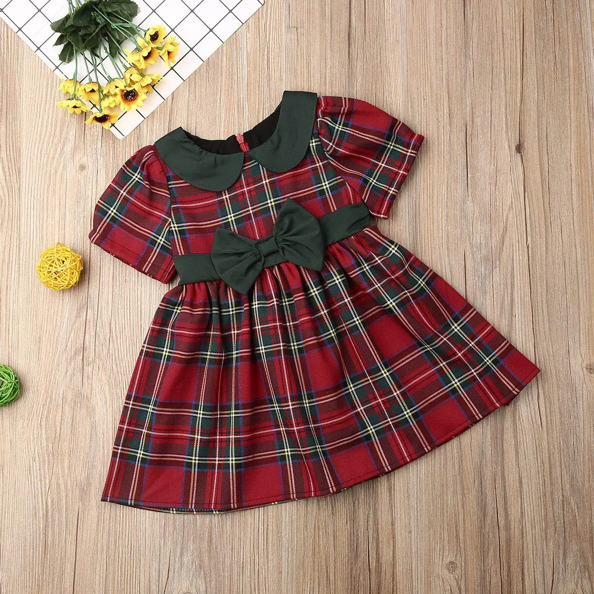 Kuriozud Toddler Baby Girl Plaid Dress Short Sleeve Bowknot 2-3T | Breathable Cotton Blend for Indian Summer - view 2