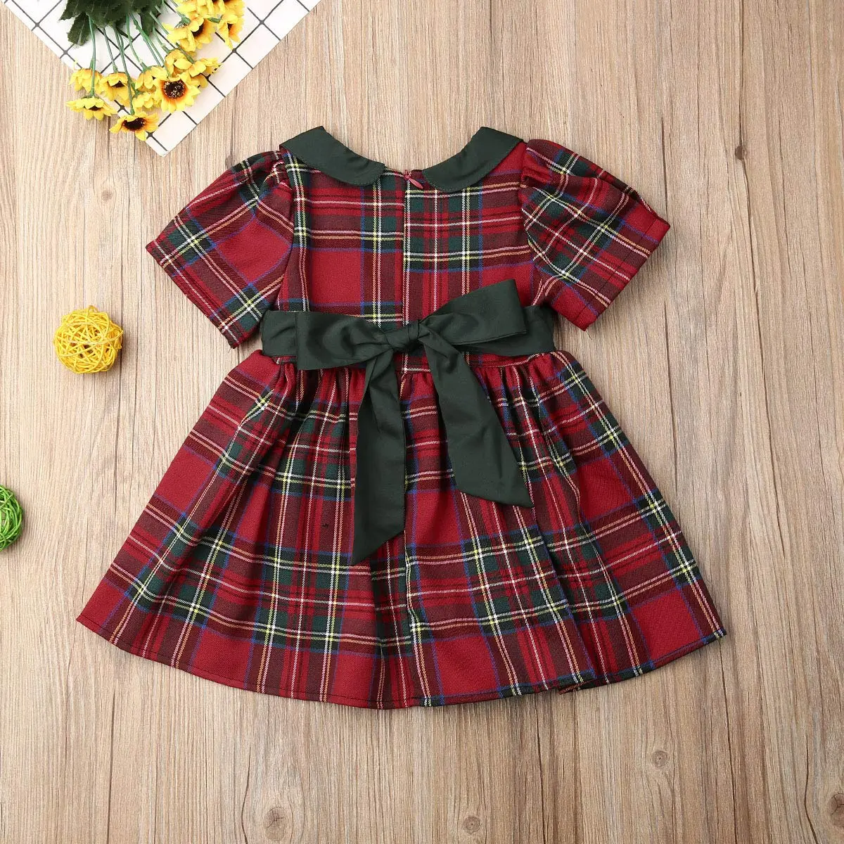 Kuriozud Toddler Baby Girl Plaid Dress Short Sleeve Bowknot 2-3T | Breathable Cotton Blend for Indian Summer - view 3