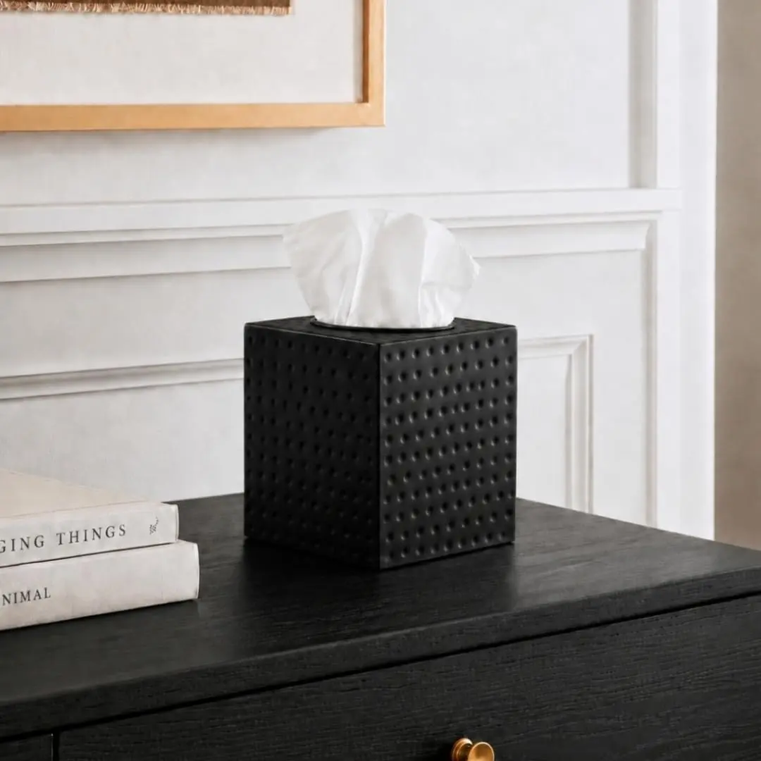 Monarch Abode Hand Hammered Metal Tissue Box Cover Square | Black Bathroom Accessory for Modern Home Decor - view 5