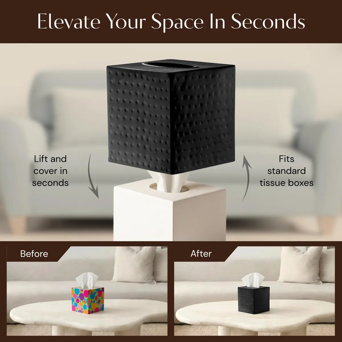 Monarch Abode Hand Hammered Metal Tissue Box Cover Square | Black Bathroom Accessory for Modern Home Decor - view 6