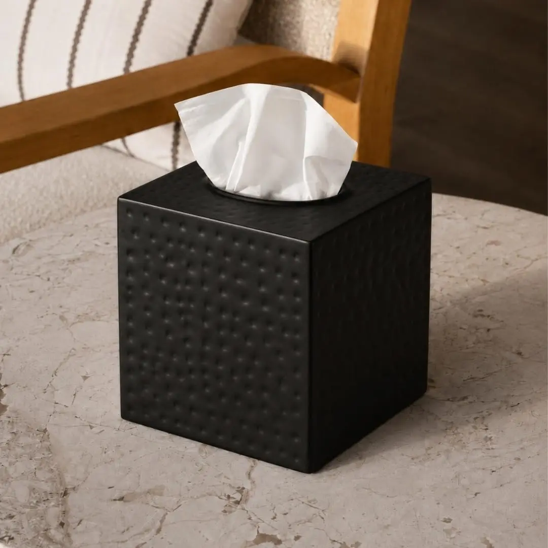 Monarch Abode Hand Hammered Metal Tissue Box Cover Square | Black Bathroom Accessory for Modern Home Decor - view 2