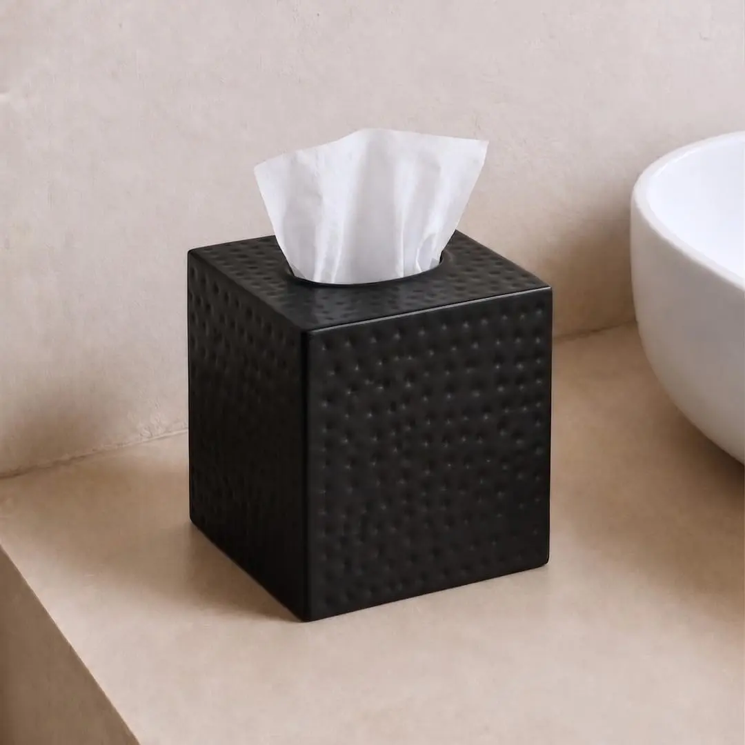 Monarch Abode Hand Hammered Metal Tissue Box Cover Square | Black Bathroom Accessory for Modern Home Decor - view 3