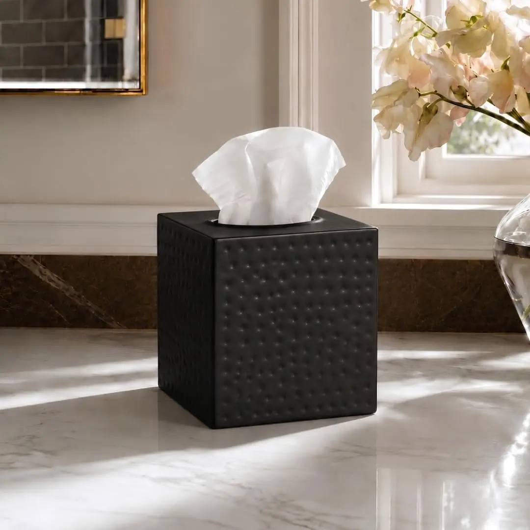 Monarch Abode Hand Hammered Metal Tissue Box Cover Square | Black Bathroom Accessory for Modern Home Decor - view 4