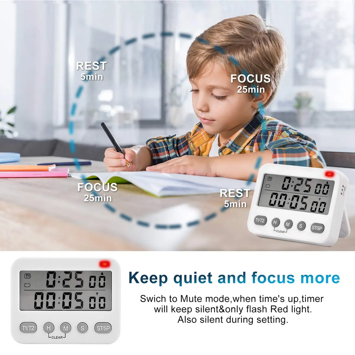 VOBRAMY Timer 25, 5 Min Adjustable | Pomodoro Technique Work & Kitchen Timer - view 2