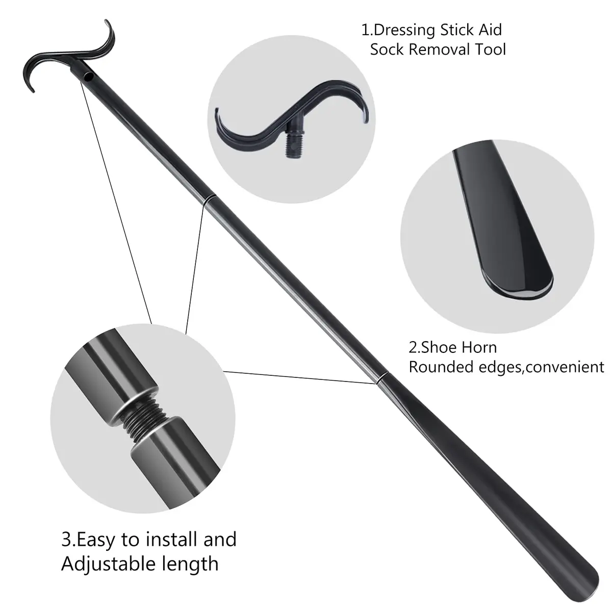 JJDPARTS 35" Long Dressing Stick with Shoe Horn & Sock Remover | Adjustable Reach Aid - view 2
