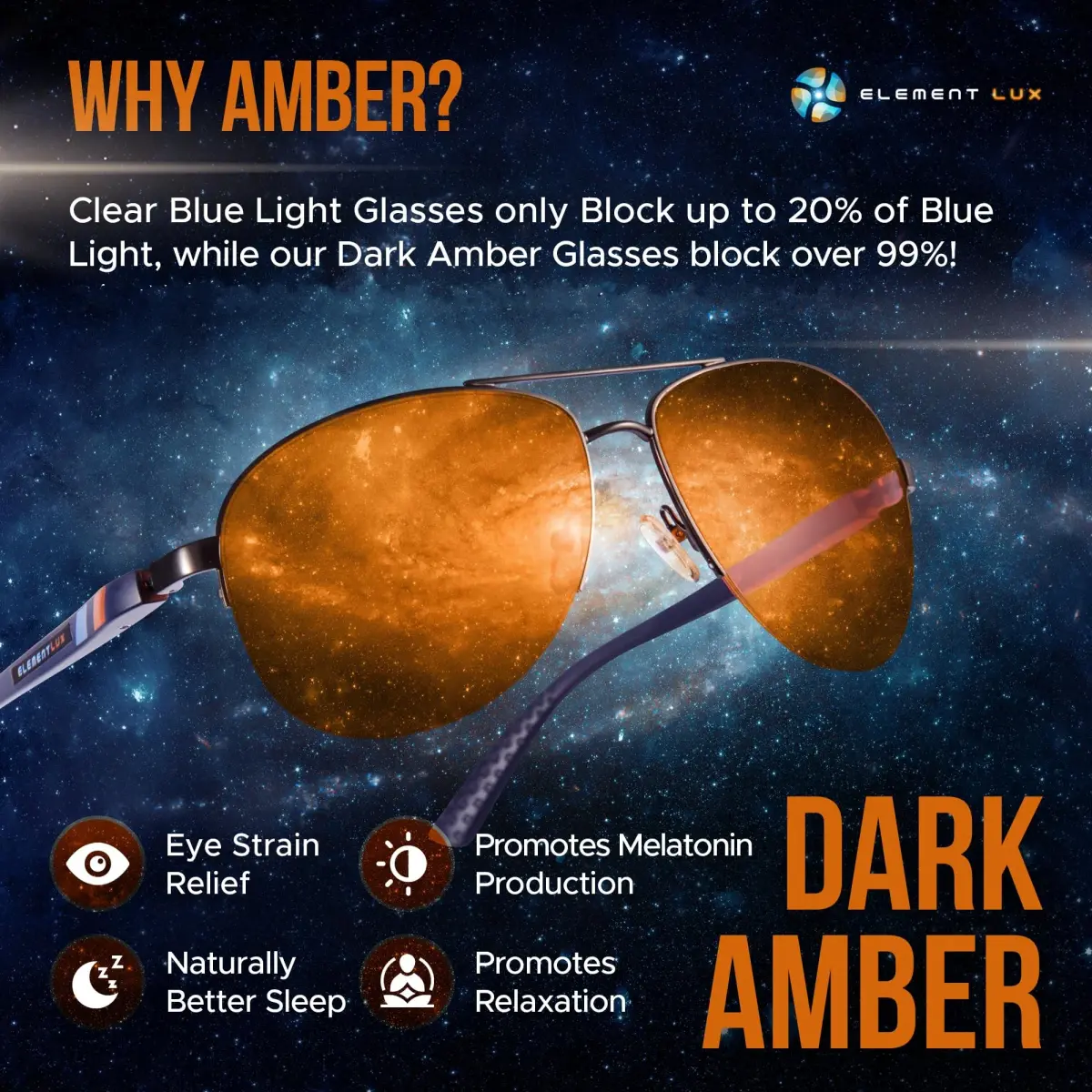 ELEMENT LUX Blue Light Blocking Glasses | 99% Dark Amber Lenses, 62mm Lens Width | Better Sleep, Gaming, Eyestrain Relief - view 2