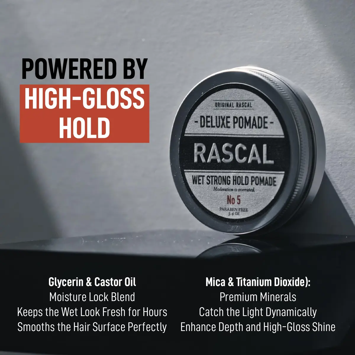 Rascal Men's Grooming Original Pomade #5 3.4 Ounce | High Shine & Strong Hold Wet Look for All Hair Types - view 4