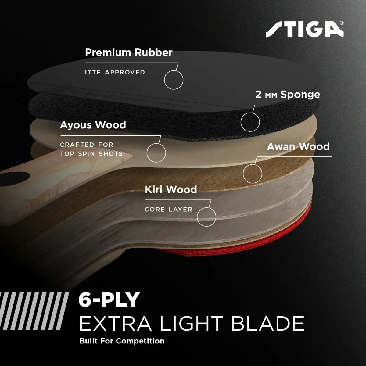 STIGA Talon Table Tennis Racket | 6-Ply Ultra-Light Blade, 2mm Tournament-Approved Sponge, Flared Handle - view 3