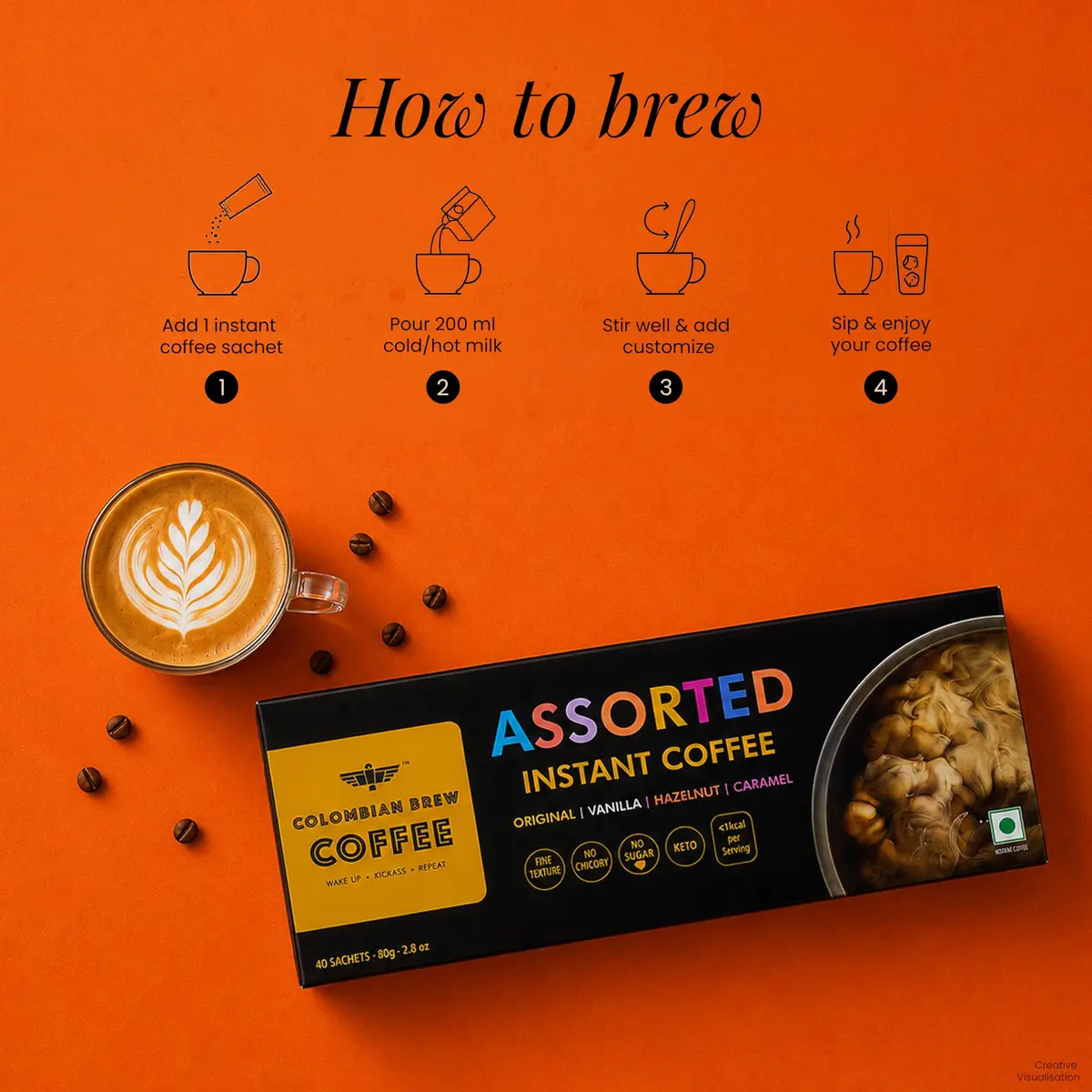 Colombian Brew Assorted Instant Coffee Powder Box (80g) | Strong, Vanilla, Hazelnut, Caramel, Gift Pack - view 2