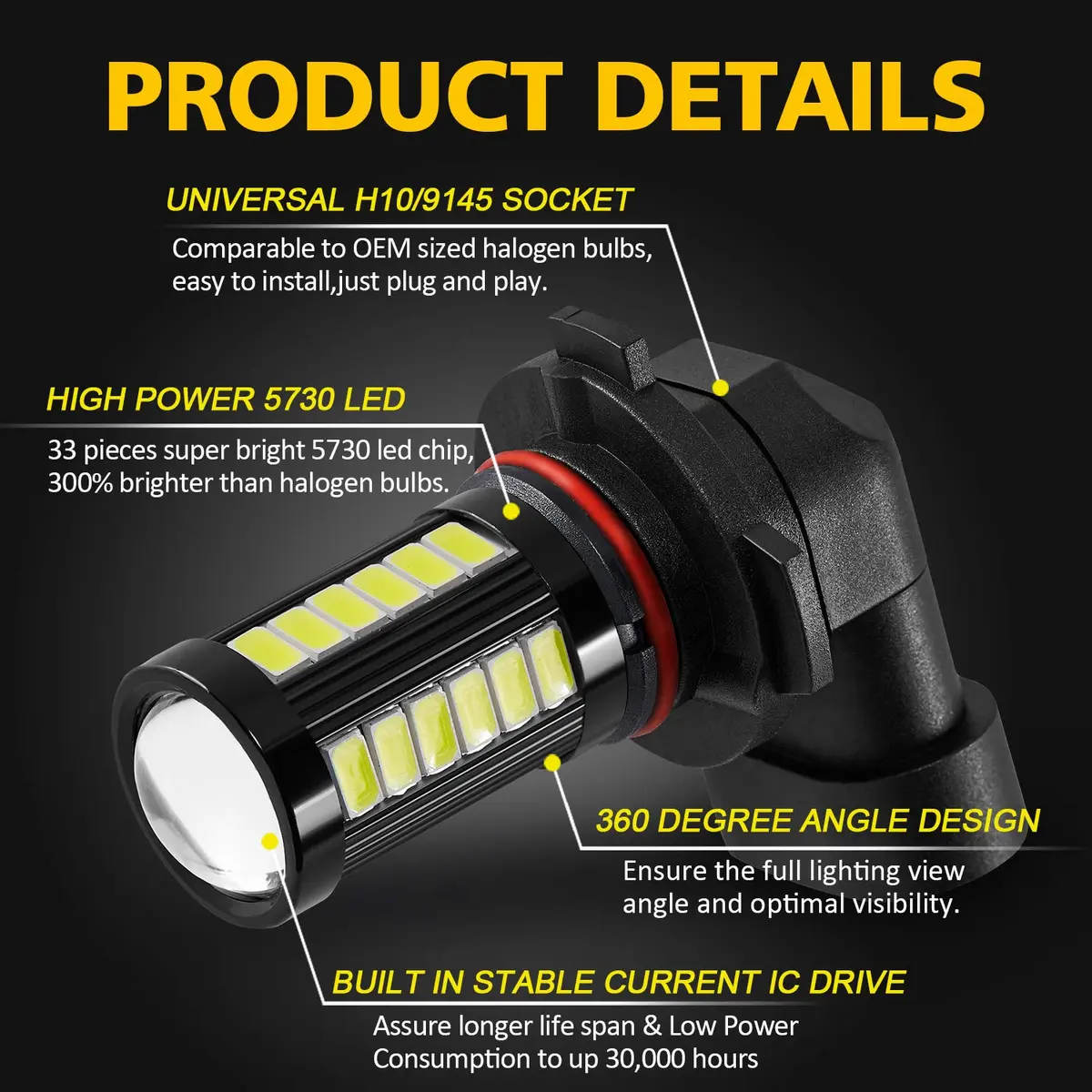 AUXLIGHT H10 9145 9140 9045 9155 9040 PY20D LED Fog Light Bulbs 6000K Xenon White | Super Bright 2800 Lumens, Waterproof IP67 - view 2
