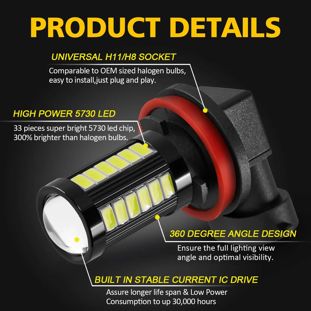 AUXLIGHT H11 H8 H11LL H8LL H16 LED Fog Light Bulbs 6000K Xenon White | Super Bright 2800 Lumens, 33-SMD Chips, 9-30V - view 2