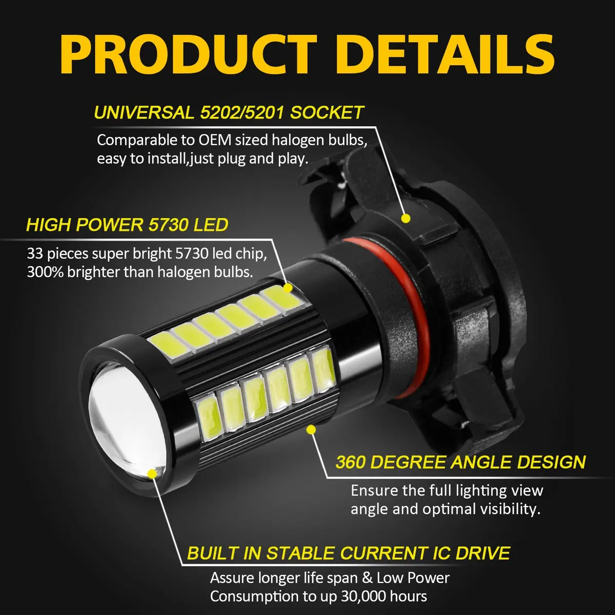AUXLIGHT 5202 5201 12085 9009 H16 LED Fog Light Bulbs 6000K Xenon White | Super Bright 2800 Lumens, Pack of 2 - view 2