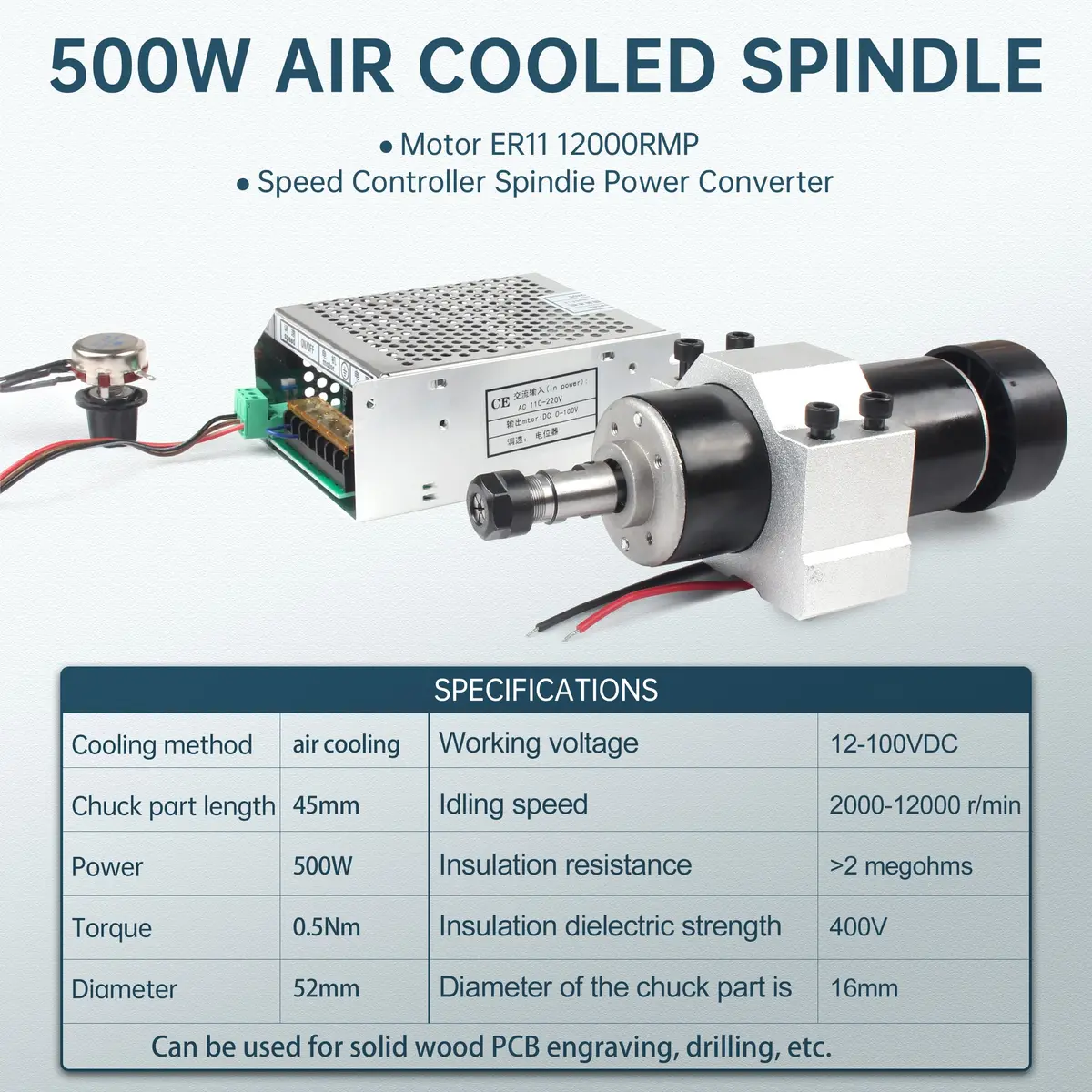RATTMMOTOR 500W CNC Air Cooled Spindle Motor ER11 12000RPM with AC110-220V Speed Controller & 52mm Clamp | 500W 12000RPM - view 2