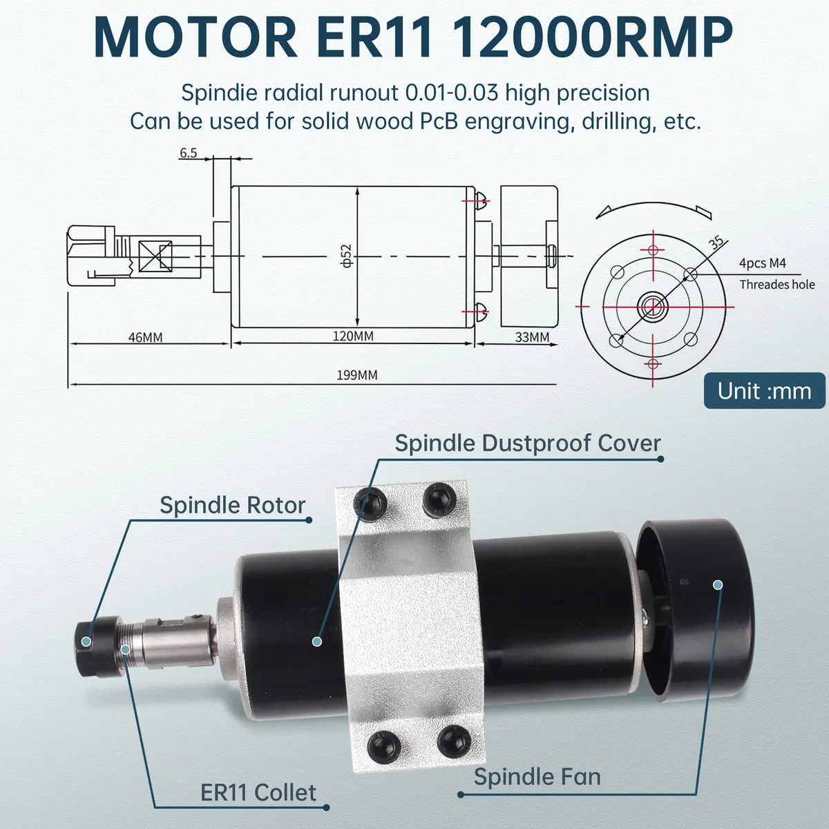 RATTMMOTOR 500W CNC Air Cooled Spindle Motor ER11 12000RPM with AC110-220V Speed Controller & 52mm Clamp | 500W 12000RPM - view 3