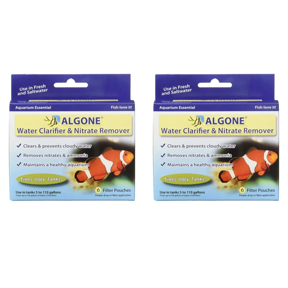 Algone Aquarium Water Clarifier and Nitrate Remover Pouches 2 Pack (6 Pouches Each) | Clears Cloudy Water & Reduces Nitrates - main product image