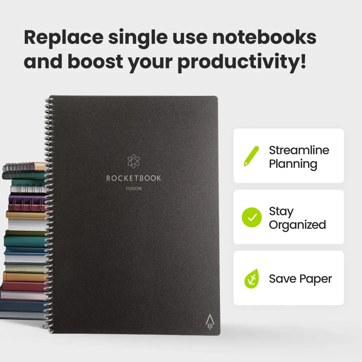 Rocketbook Fusion Reusable Undated Productivity Planner, Letter Size 21.6 x 27.9 cm (8.5 x 11 inches), Gray | 7-Section Template Hybrid Notebook - view 9