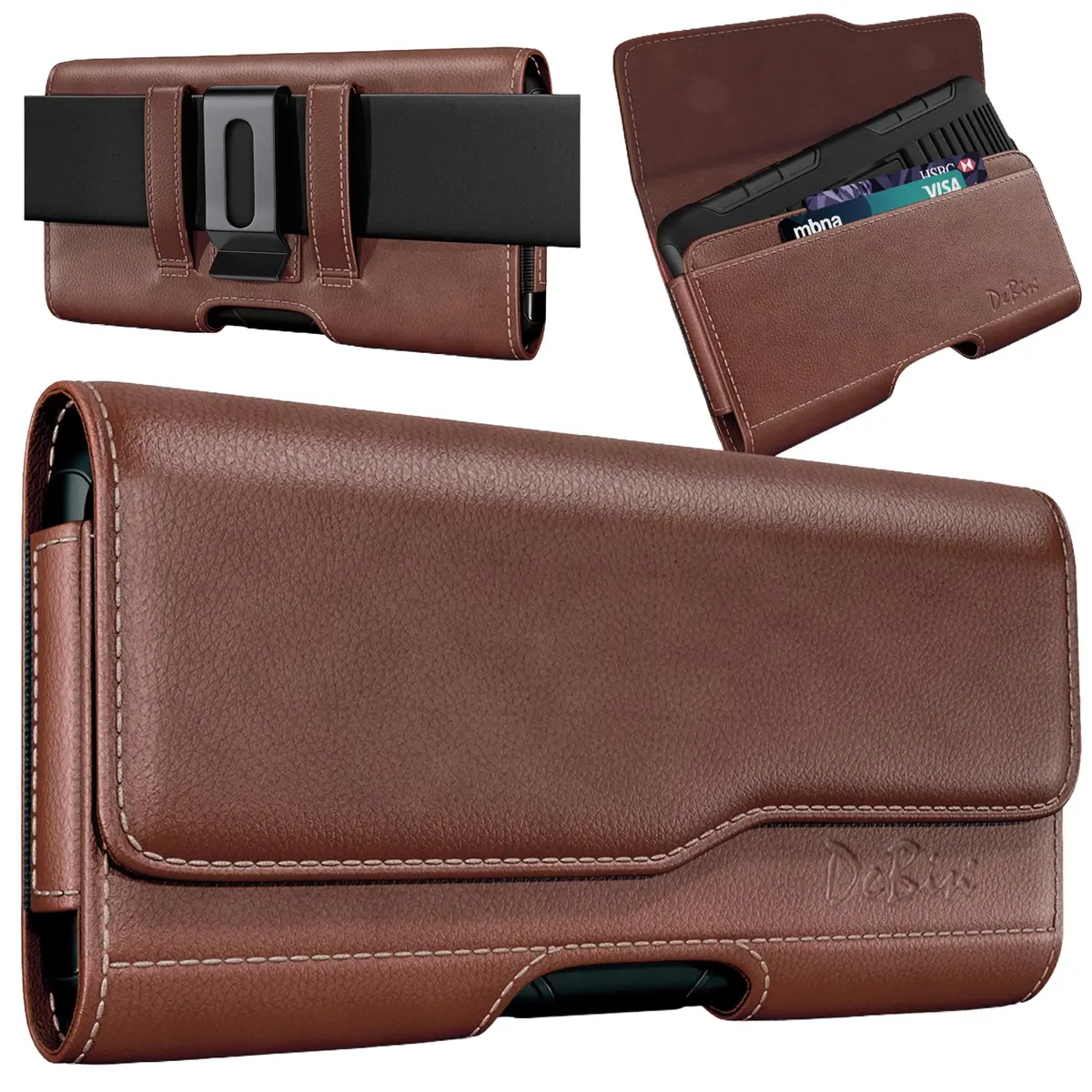 DeBin Leather Belt Holster for iPhone 15 Plus/Pro Max, Samsung S26+ Plus 5G — Brown | Fits Phones with Case On - view 5