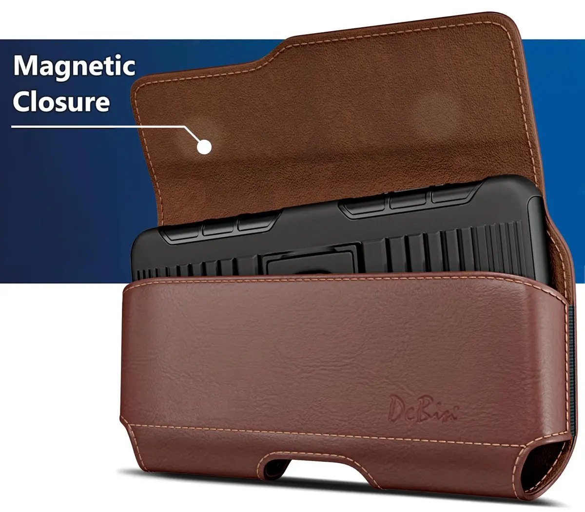 DeBin Leather Belt Holster for iPhone 15 Plus/Pro Max, Samsung S26+ Plus 5G — Brown | Fits Phones with Case On - view 3