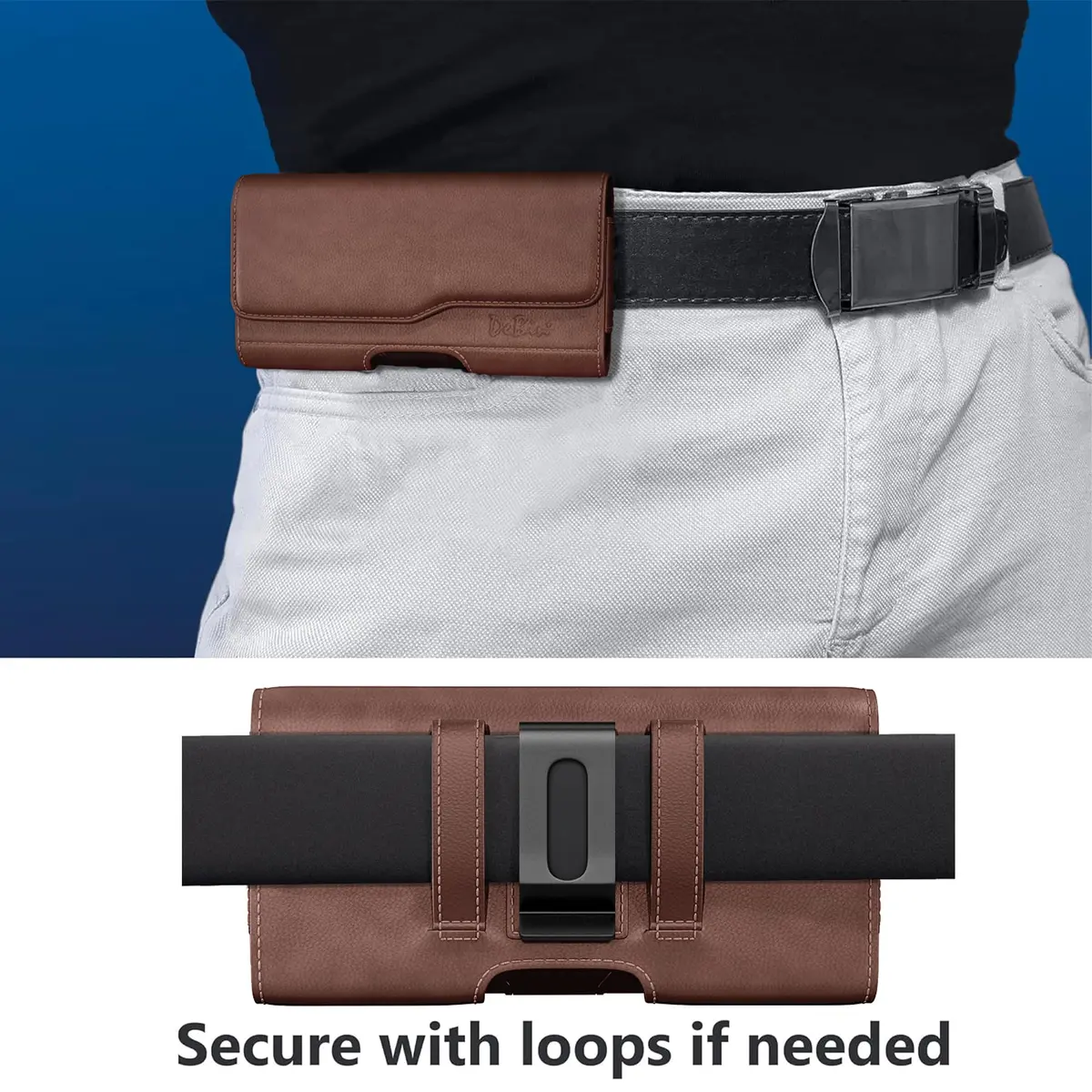 DeBin Leather Belt Holster for iPhone 15 Plus/Pro Max, Samsung S26+ Plus 5G — Brown | Fits Phones with Case On - view 4