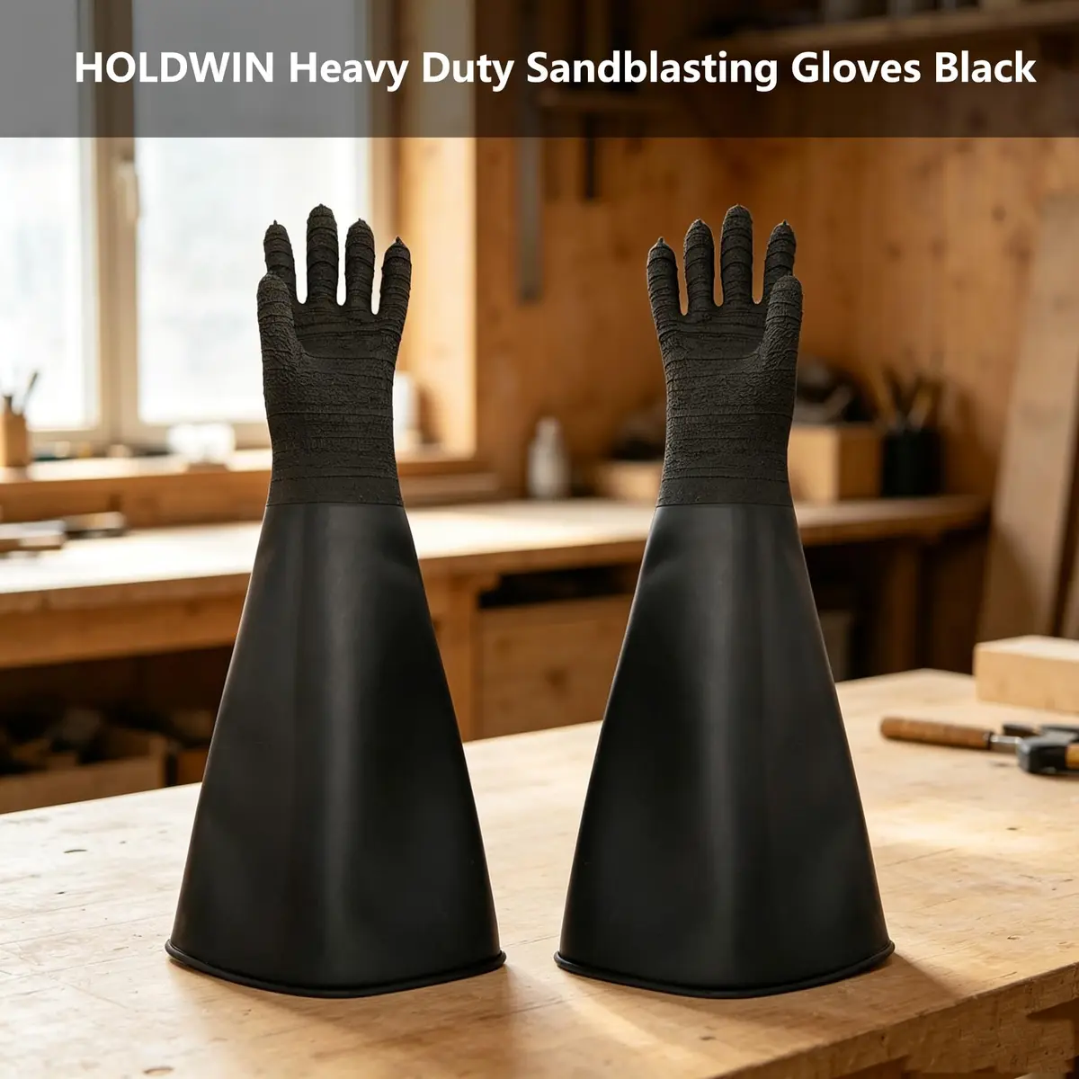 HOLDWIN Heavy Duty Sandblasting Gloves Rubber Gloves for Sandblaster Protective Safety Work Black Striped 24.8" | High Wear Resistance - view 2