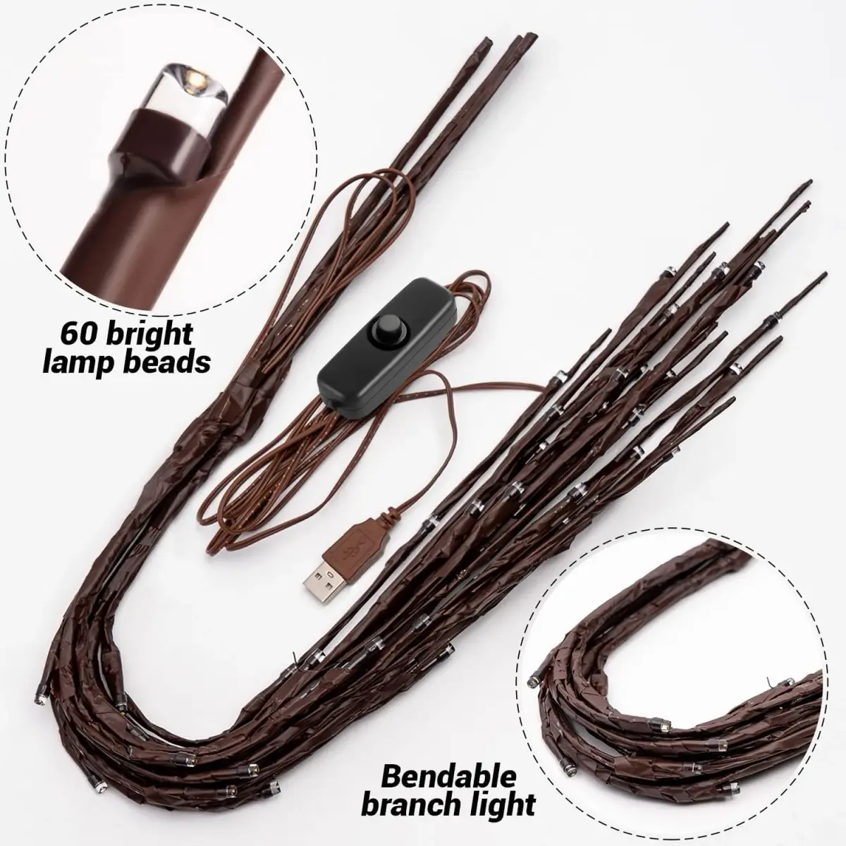 KXCOFTXI 3-Pack 30" Twig Lights USB Plug-in Branches Lights, 60 Warm White LEDs | Bendable Decorative Lights for Vases - view 6