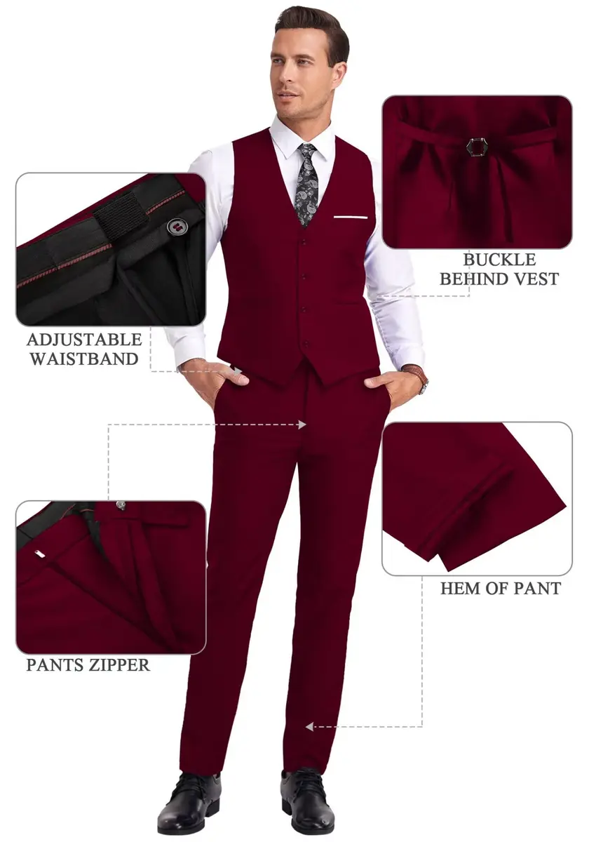 Mrbuerly Men Suit 3 Pieces Burgundy Slim Fit XL | Modern Wedding & Formal Wear - view 6