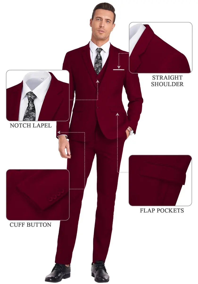 Mrbuerly Men Suit 3 Pieces Burgundy Slim Fit XL | Modern Wedding & Formal Wear - view 5