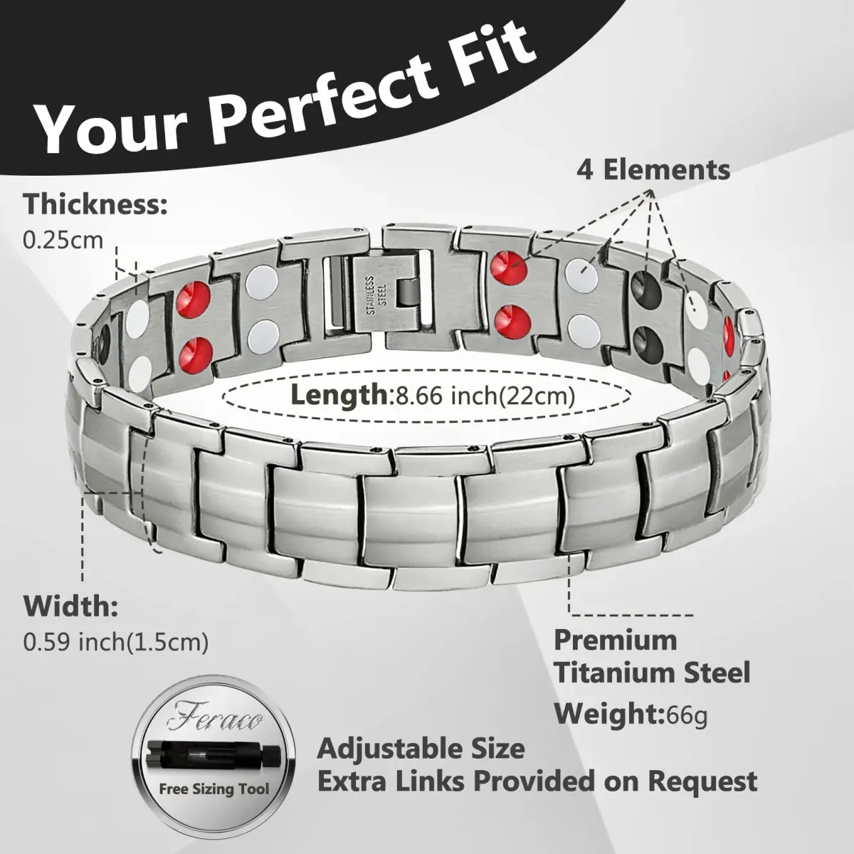 Feraco Magnetic Bracelet Titanium Steel Double Row 4 Elements Silver | Hypoallergenic & Adjustable - view 2