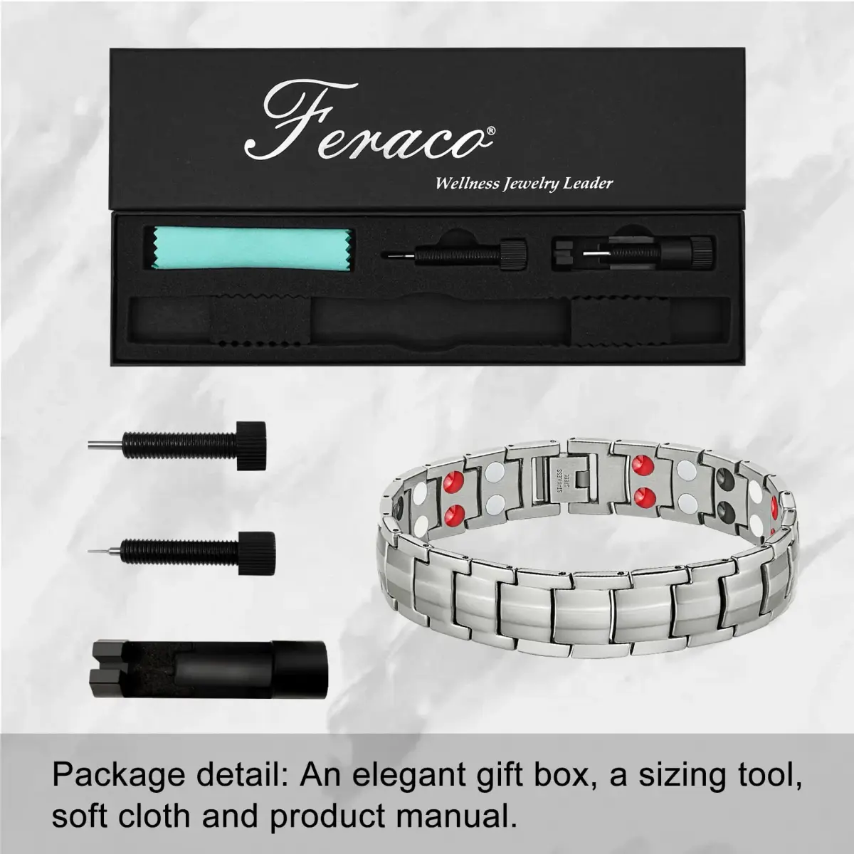 Feraco Magnetic Bracelet Titanium Steel Double Row 4 Elements Silver | Hypoallergenic & Adjustable - view 4