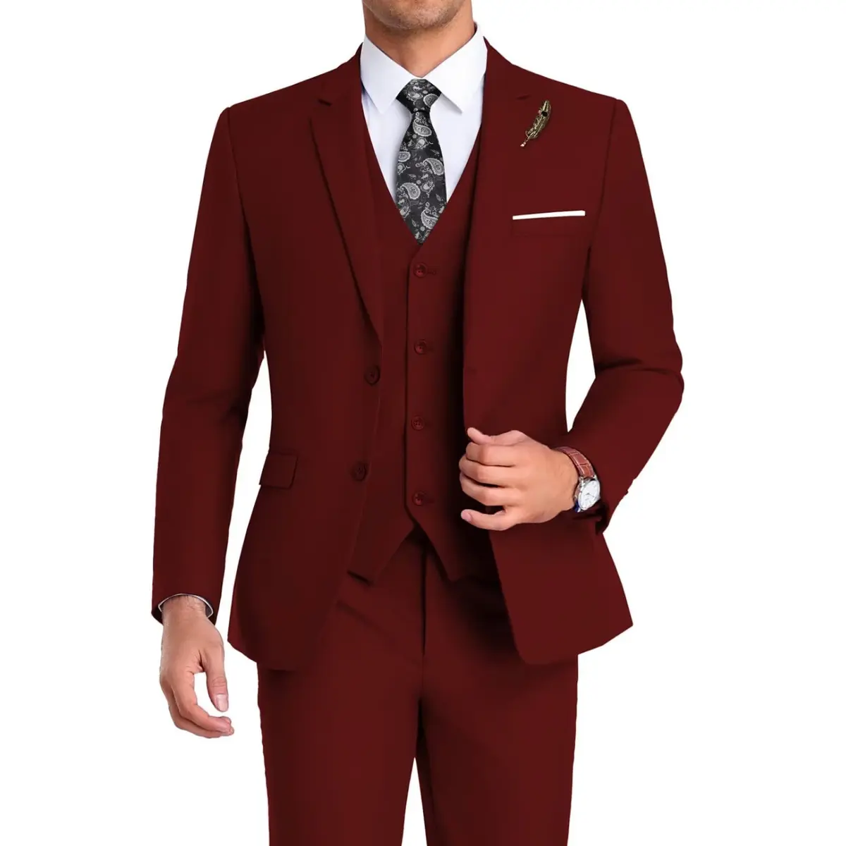 Mrbuerly Men Suit 3 Pieces Burgundy Slim Fit XS/3630 | Modern Formal Attire for Indian Weddings & Events - main product image