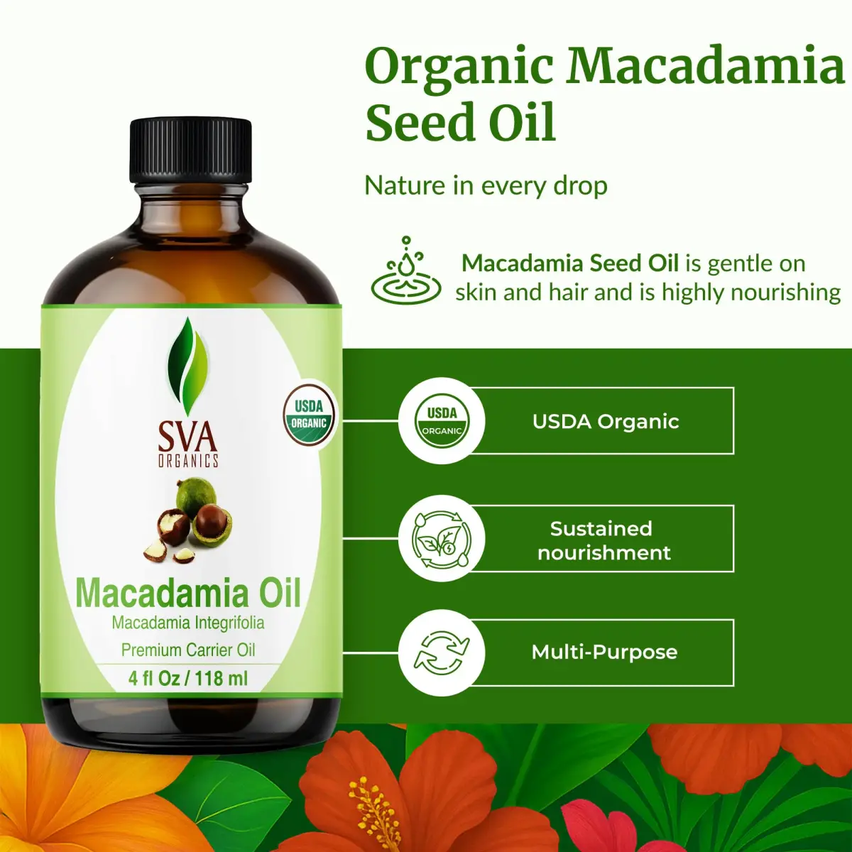 SVA ORGANICS Organic Macadamia Seed Carrier Oil 118 ml (4 Fl Oz) | Cold-Pressed, Unscented, Pure for Skin & Hair - view 2