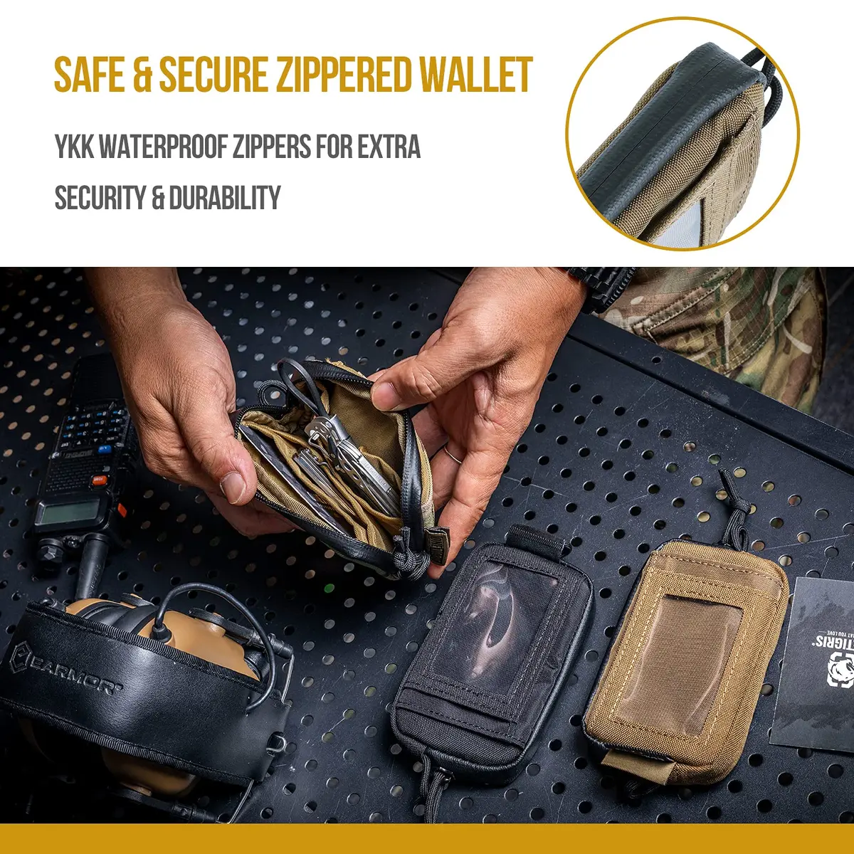ONETIGRIS Tactical Front Pocket Wallet Coyote Brown | 4 Card Slots, Zippered Coin Pouch, ID Window - view 5