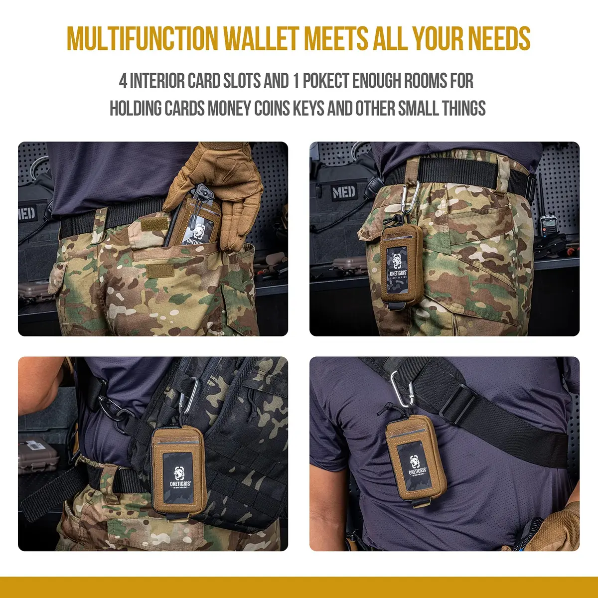 ONETIGRIS Tactical Front Pocket Wallet Coyote Brown | 4 Card Slots, Zippered Coin Pouch, ID Window - view 7