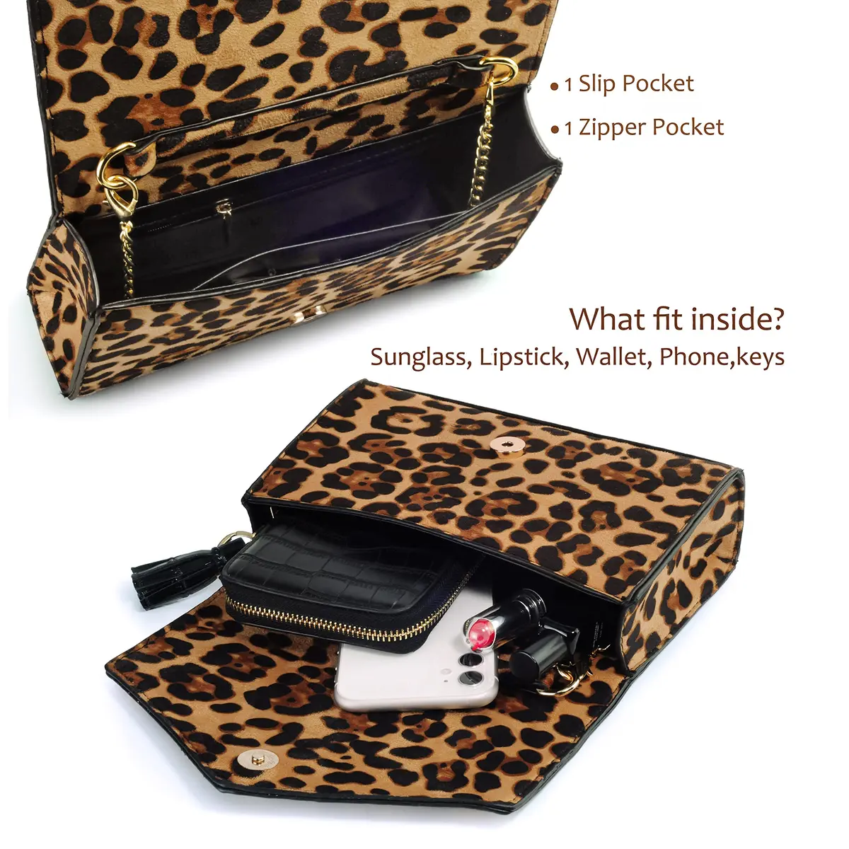 HOXIS Leopard Print Envelope Evening Clutch Women Chain Shoulder Bag (Brown Leopard Print) | Detachable Chain Strap - view 7