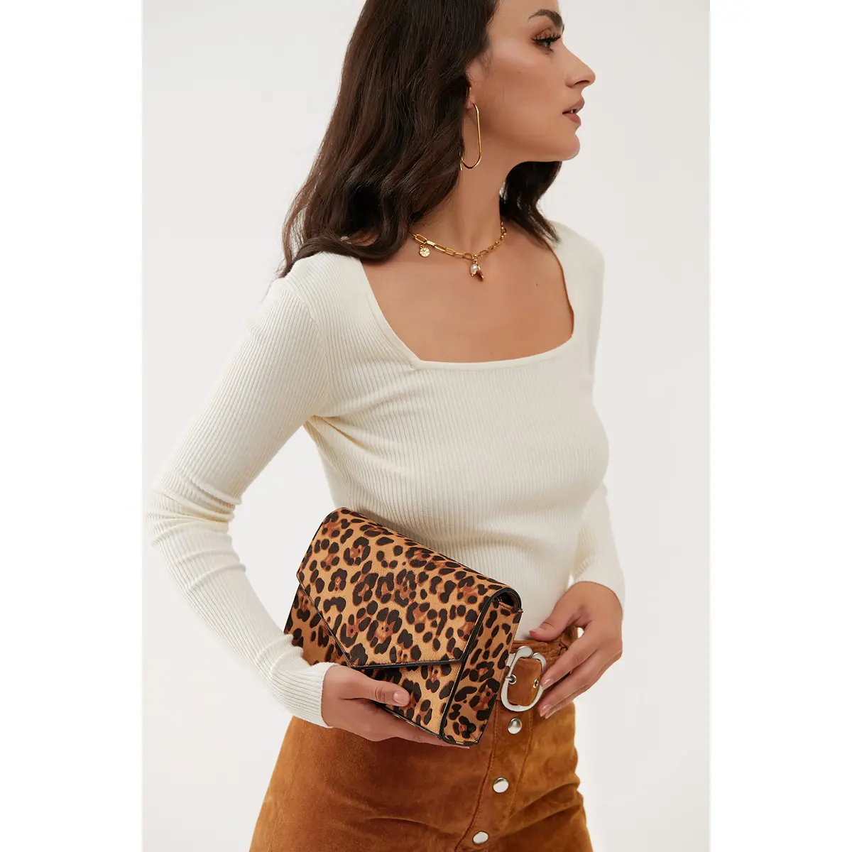 HOXIS Leopard Print Envelope Evening Clutch Women Chain Shoulder Bag (Brown Leopard Print) | Detachable Chain Strap - view 2