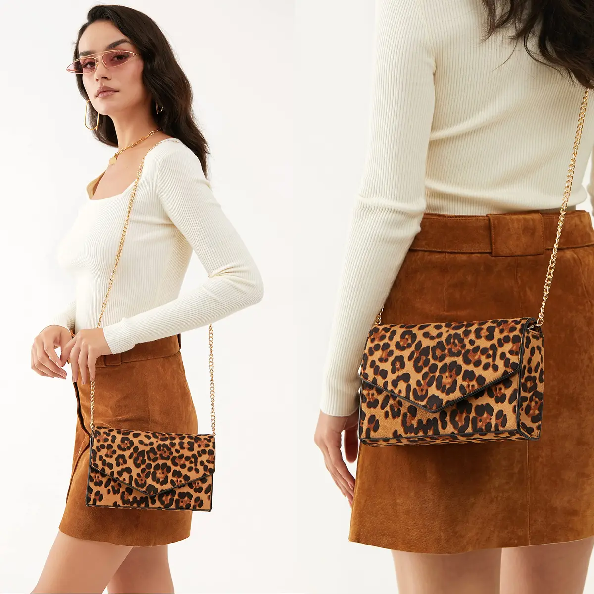 HOXIS Leopard Print Envelope Evening Clutch Women Chain Shoulder Bag (Brown Leopard Print) | Detachable Chain Strap - view 3