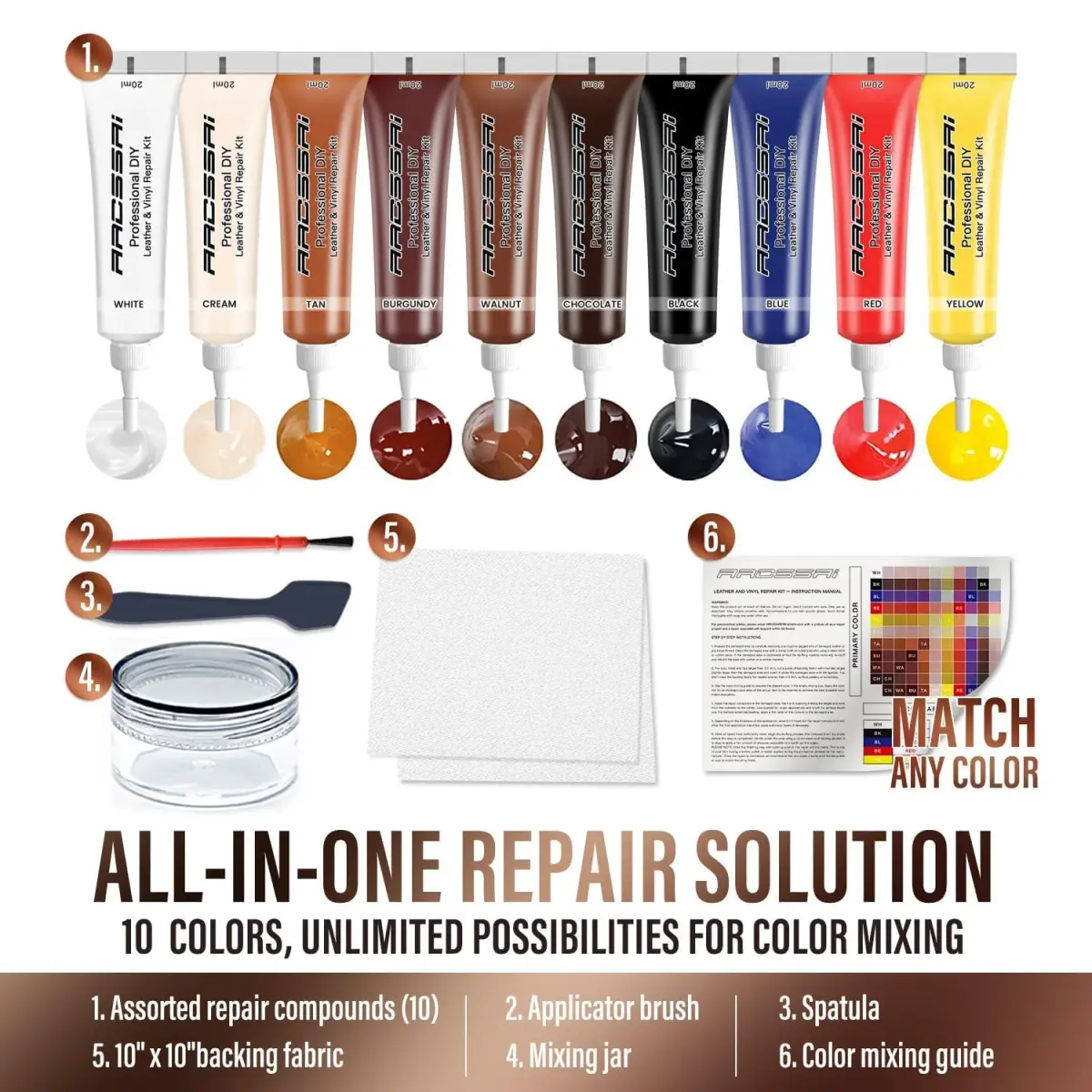 ARCSSAI ARCSSAL Leather Repair Kit for Furniture, Couch & Car Seats | Easy Color Matching & Professional Results - view 5