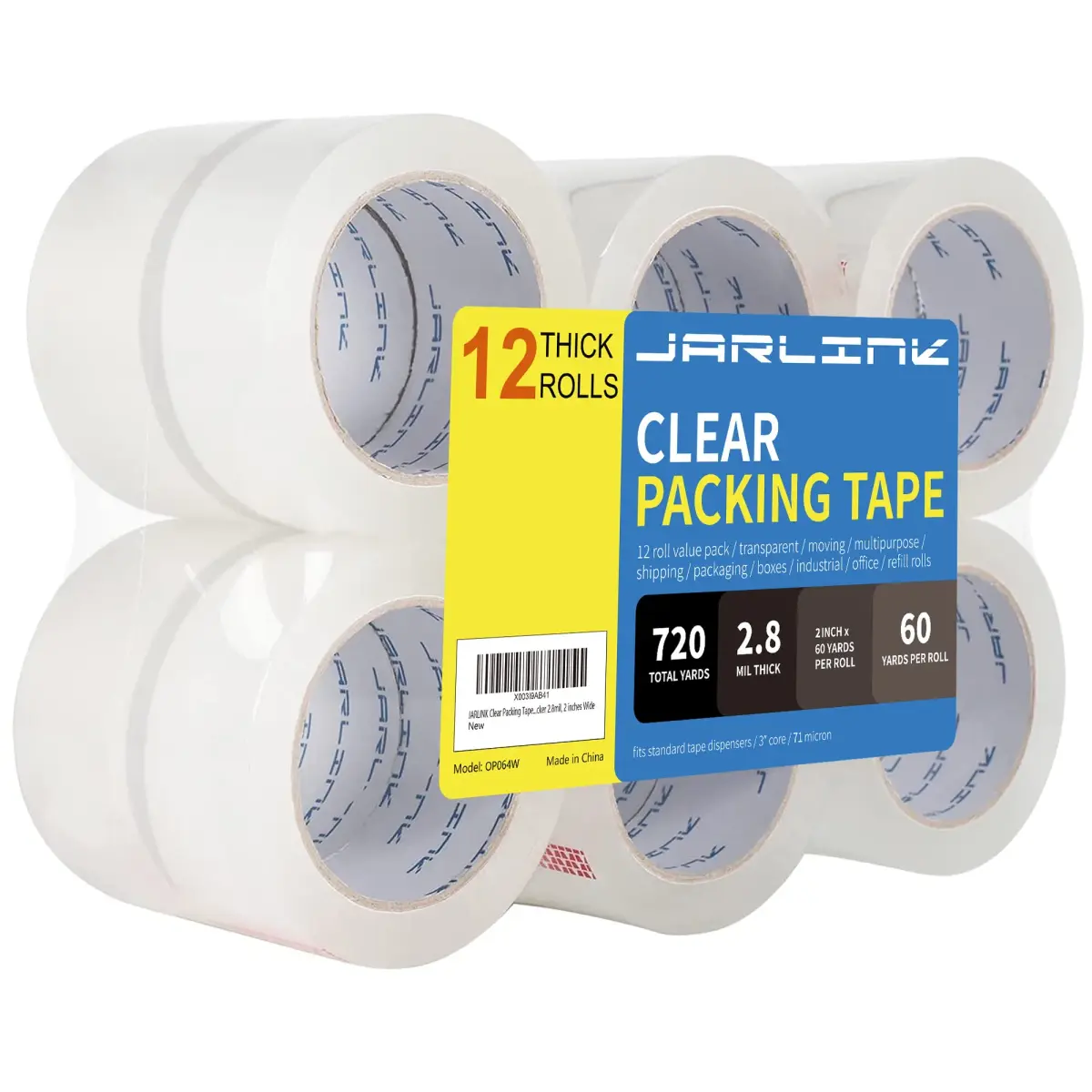 JARLINK Clear Packing Tape 2.8mil, 50mm x 55m (2" x 60 yd) | Heavy Duty BOPP Acrylic Adhesive Tape for Shipping & Sealing - main product image