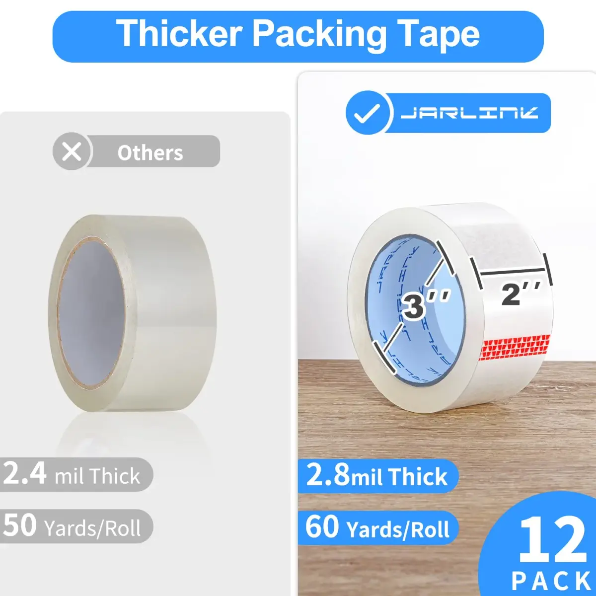 JARLINK Clear Packing Tape 2.8mil, 50mm x 55m (2" x 60 yd) | Heavy Duty BOPP Acrylic Adhesive Tape for Shipping & Sealing - view 2