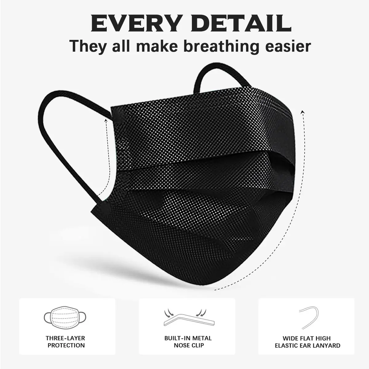 Wecolor Disposable Face Masks 120PCS, 3 Ply Breathable Non-Woven Fabric, Elastic Ear Loop, Black | Comfortable Fit for Daily Use - view 7