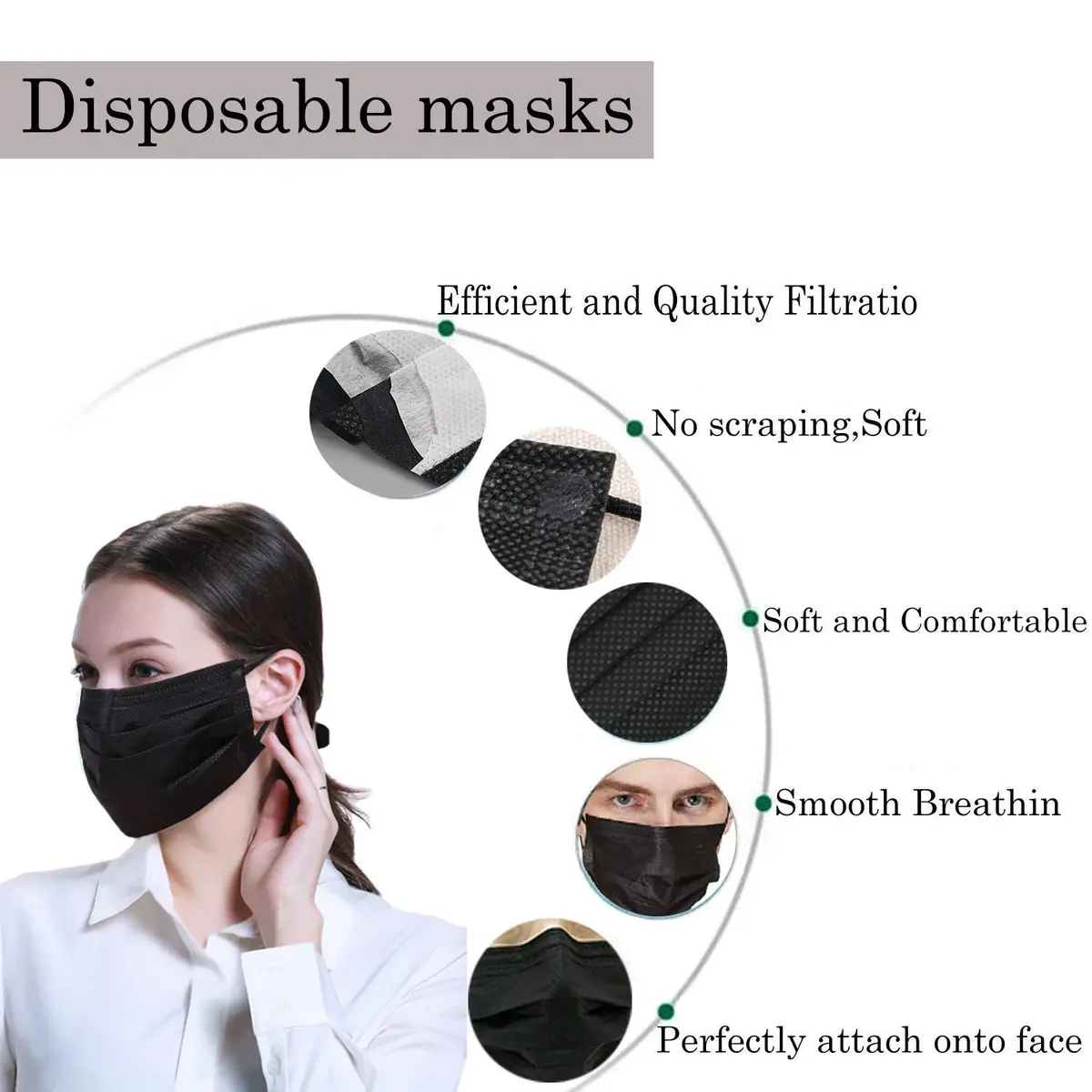 Wecolor Disposable Face Masks 120PCS, 3 Ply Breathable Non-Woven Fabric, Elastic Ear Loop, Black | Comfortable Fit for Daily Use - view 4