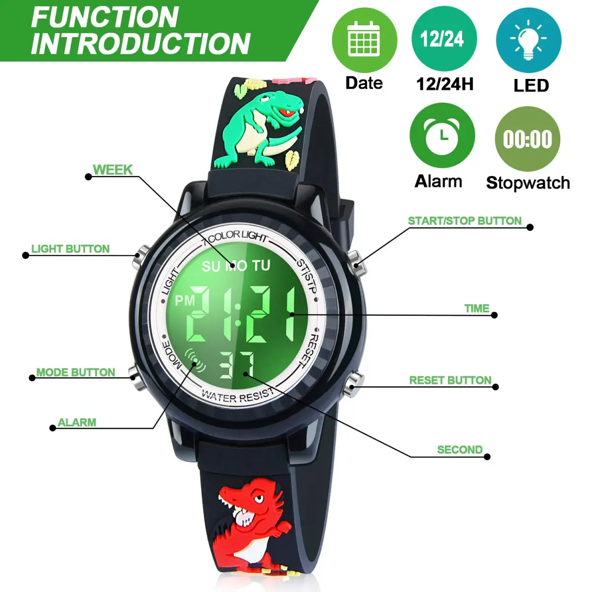 Viposoon 3D Cartoon Watch for Kids 30m (100ft) Waterproof | Easy Time Learning with 7-Color Backlight - view 2
